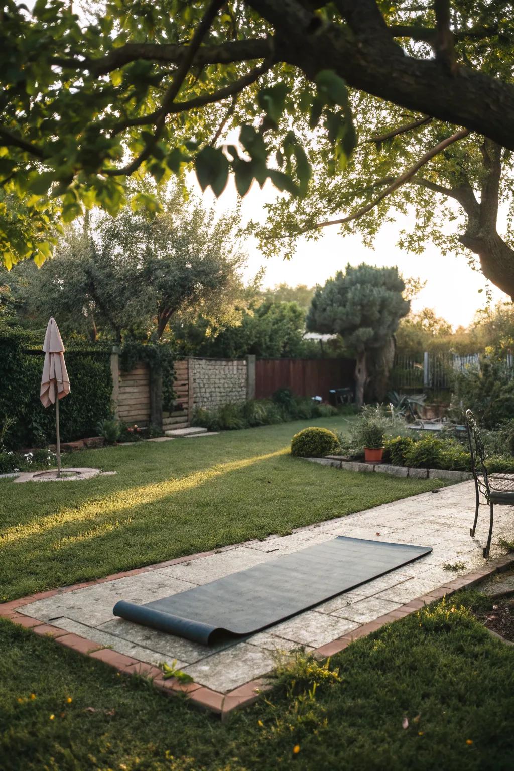An outdoor yoga space that invites relaxation and mindfulness.