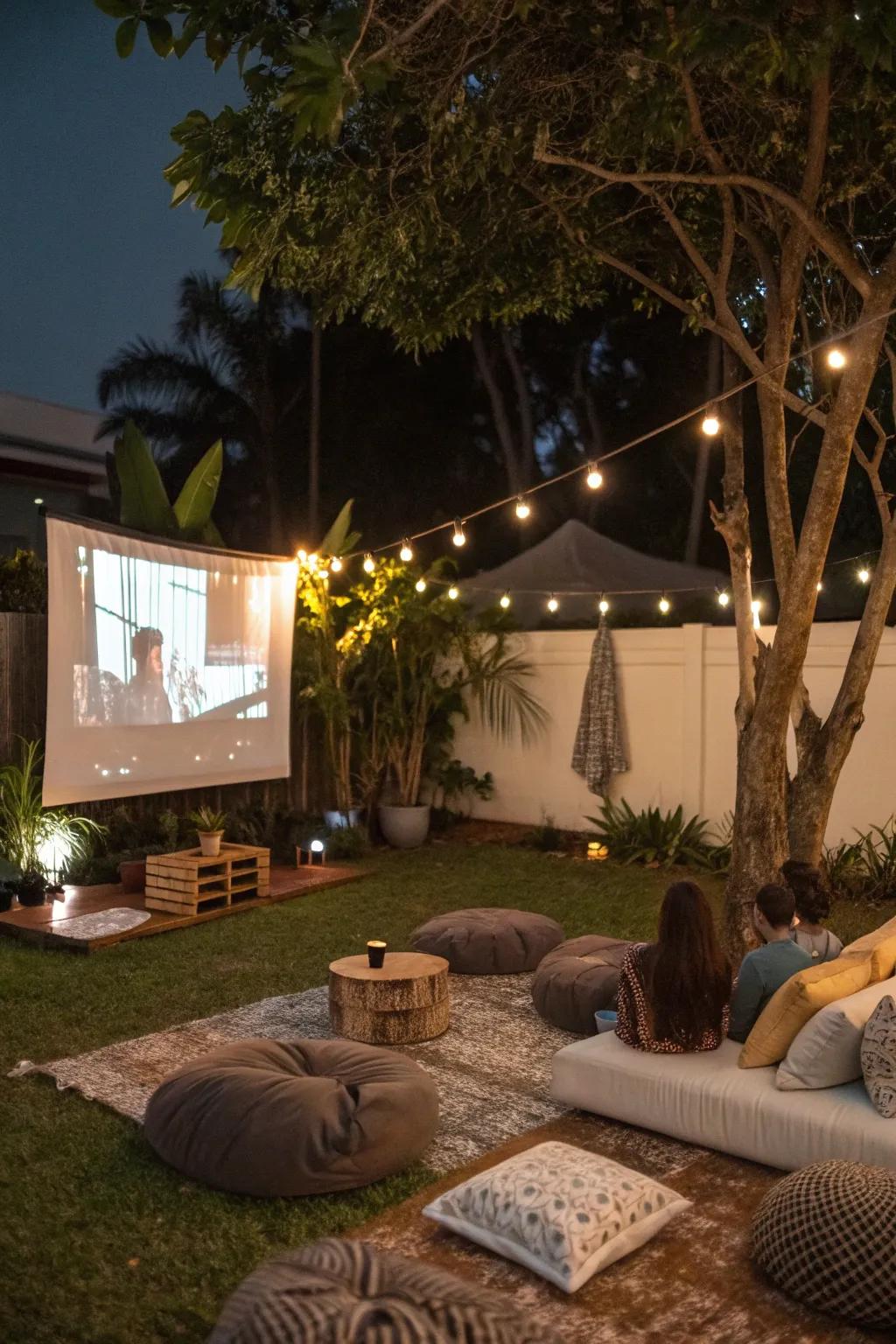 An outdoor movie area ready for an enchanting film night.