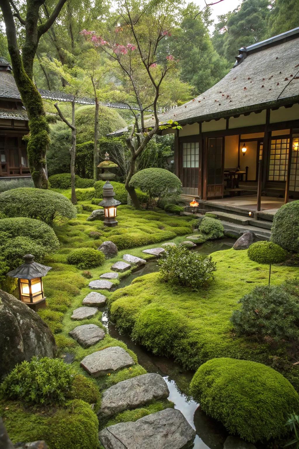 A lush moss garden adds soft, carpet-like texture.