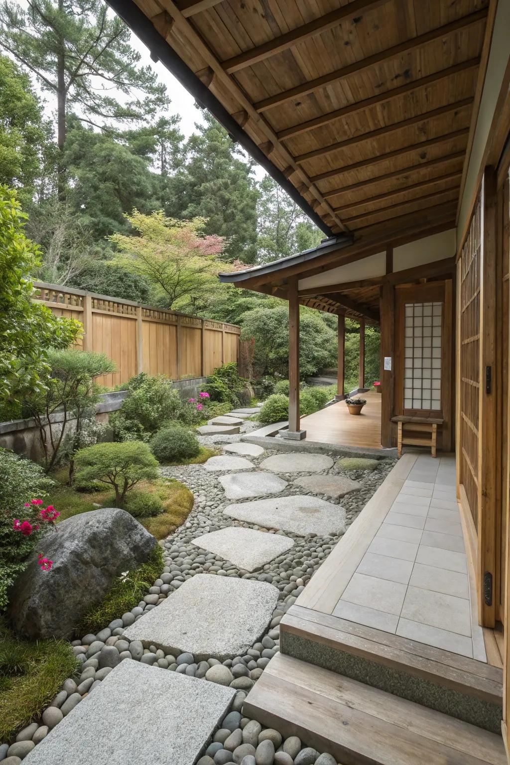 Natural materials like stone and wood enhance the patio's authenticity.