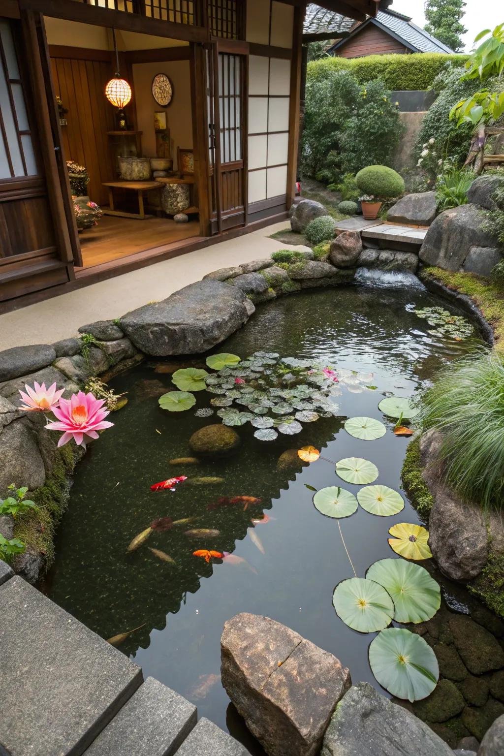 A small koi pond with rocks and water lilies creates a peaceful focal point.