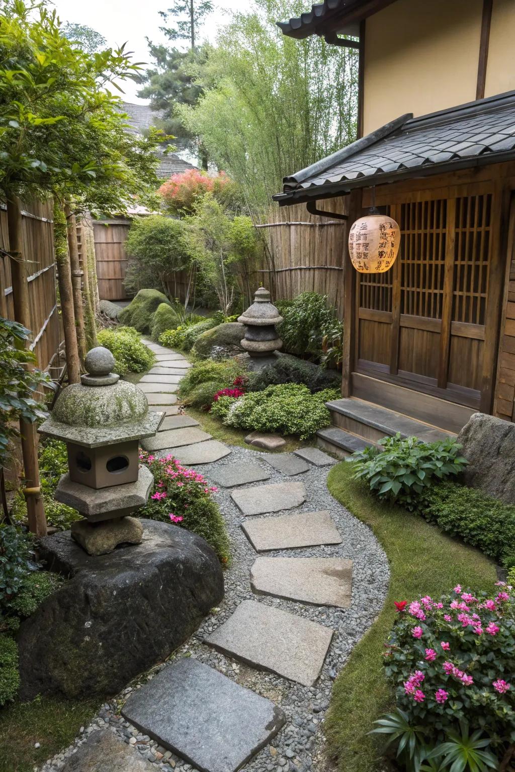 A winding stone pathway through a Japanese-inspired patio with lush greenery.