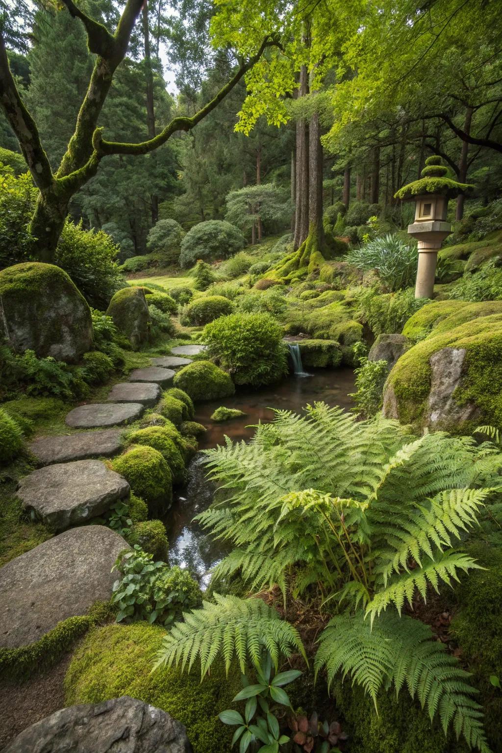 Lush, well-manicured greenery with ferns and moss creates a vibrant atmosphere.