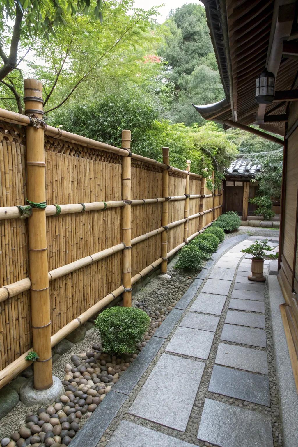 Elegant bamboo fencing adds height and movement to a Japanese-inspired patio.