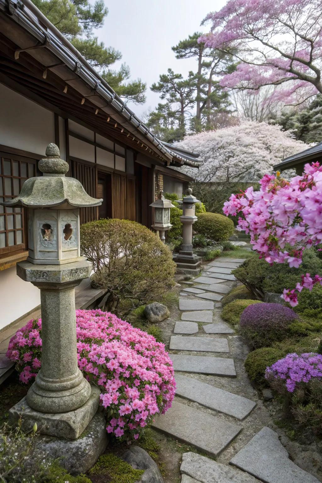 Colorful azaleas and cherry blossoms add vibrancy to the patio.
