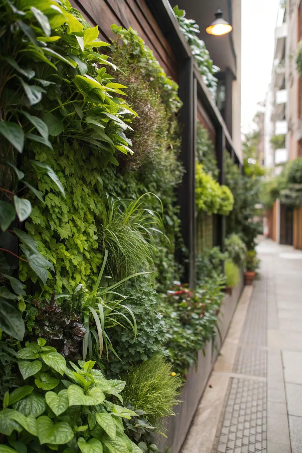 Dense planting creates a lush green wall in a compact area.