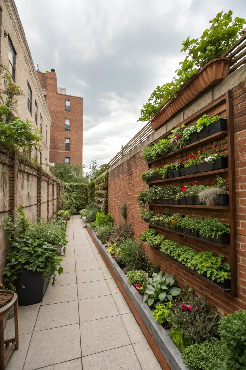 Vertical planters transform a plain wall into a thriving garden.