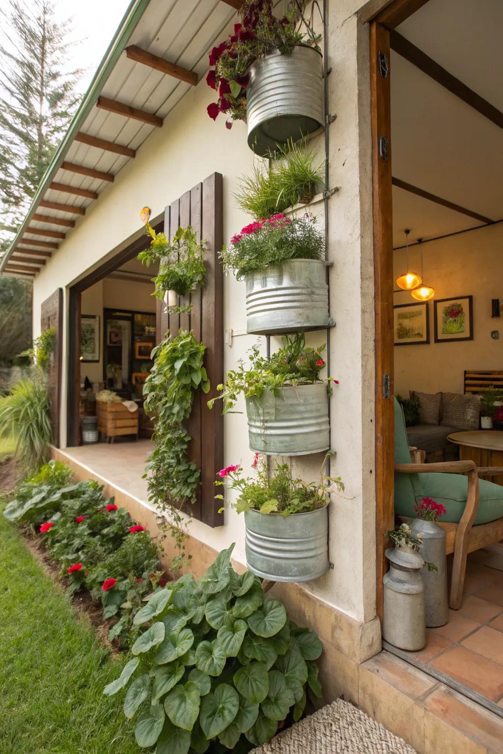 Upcycled containers bring sustainability to this wall garden.