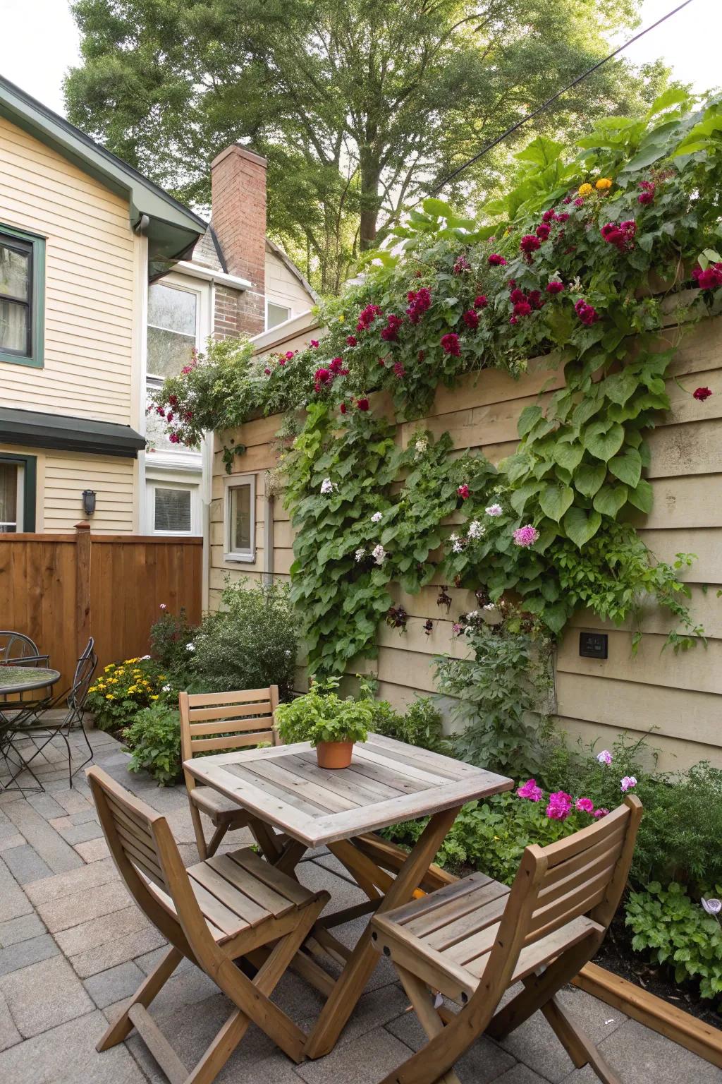 A wall garden enhances this relaxing outdoor seating area.