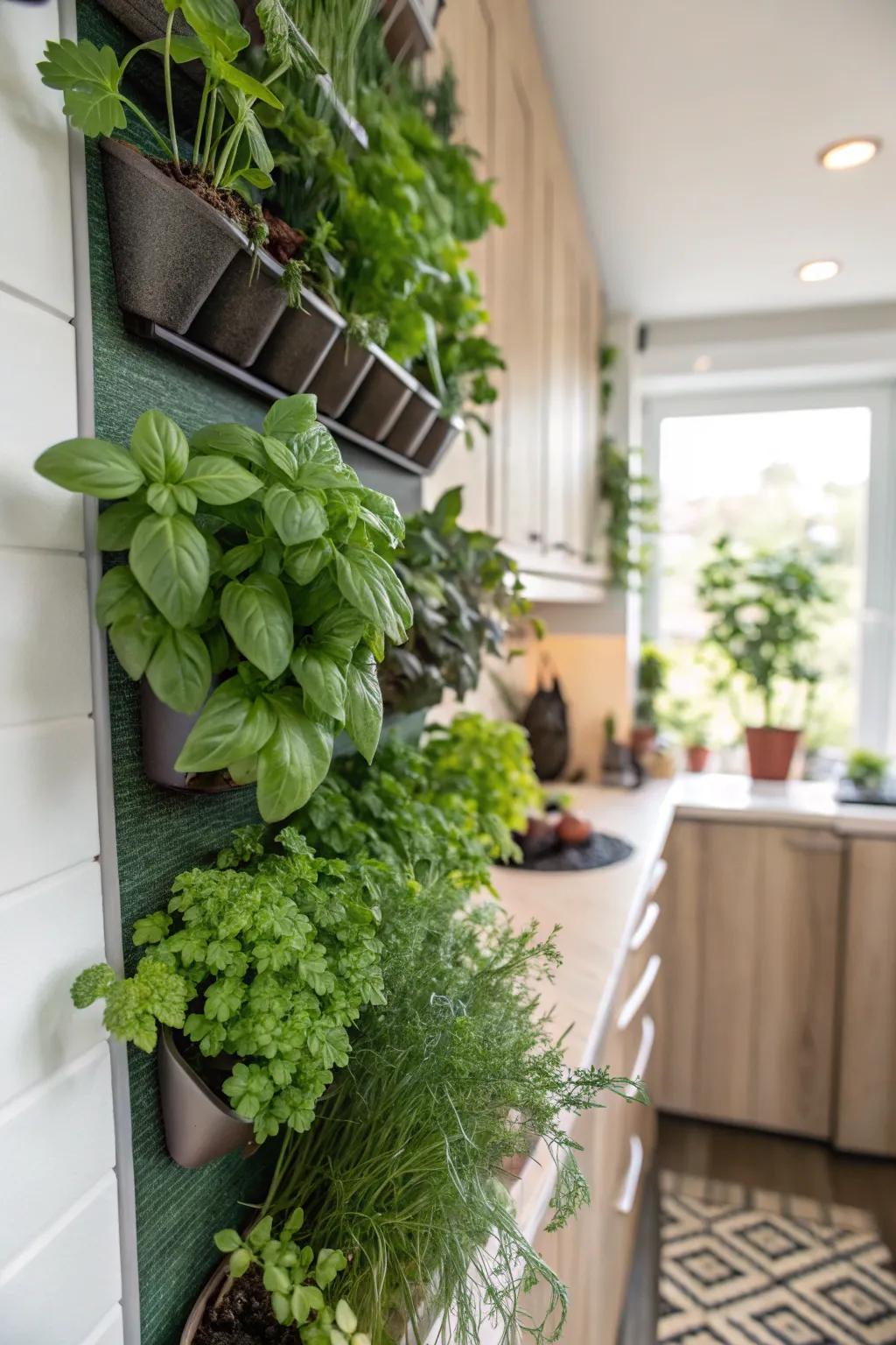 A vertical herb garden adds fresh flavors to any kitchen.