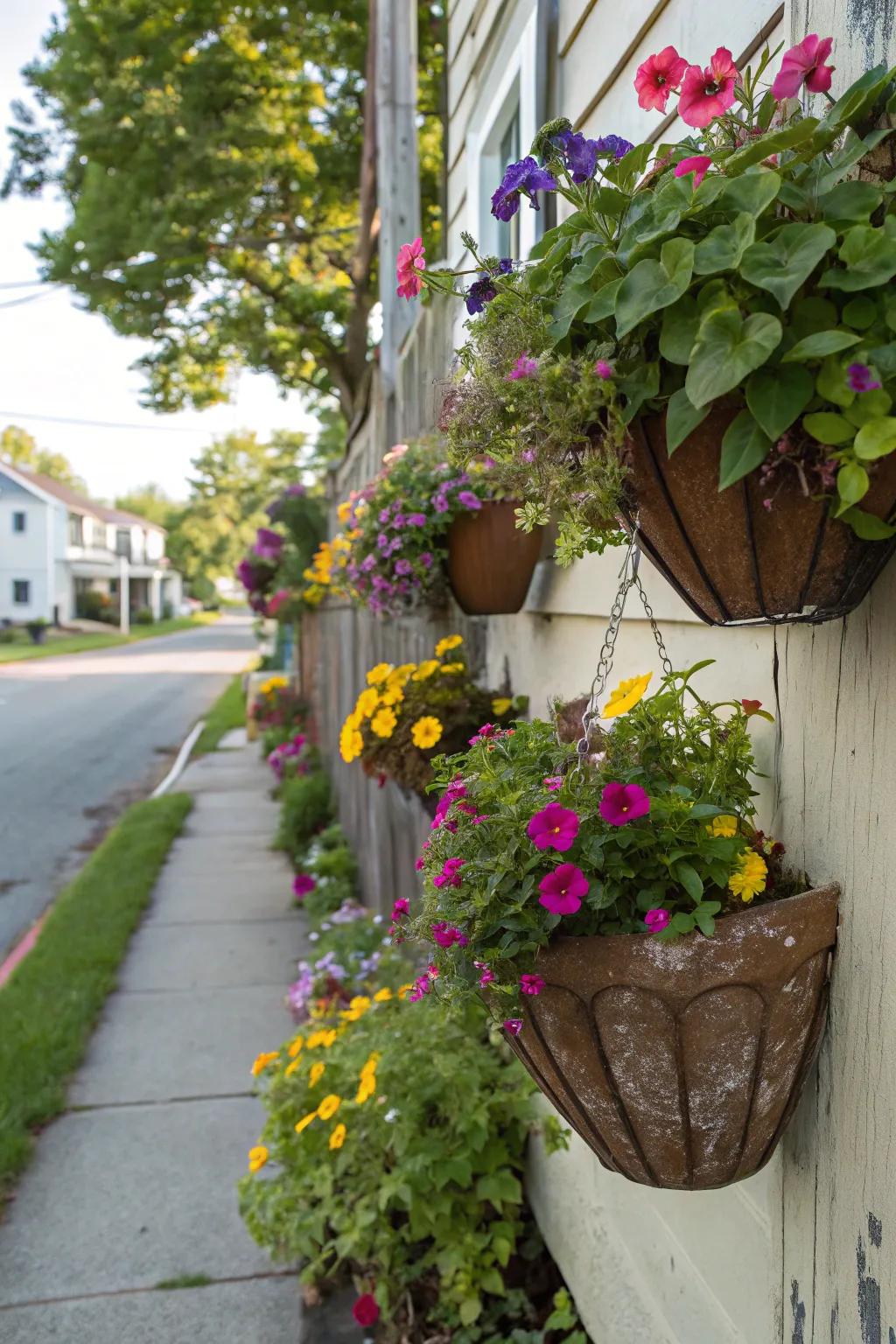 Hanging pots add a whimsical touch to this wall garden.