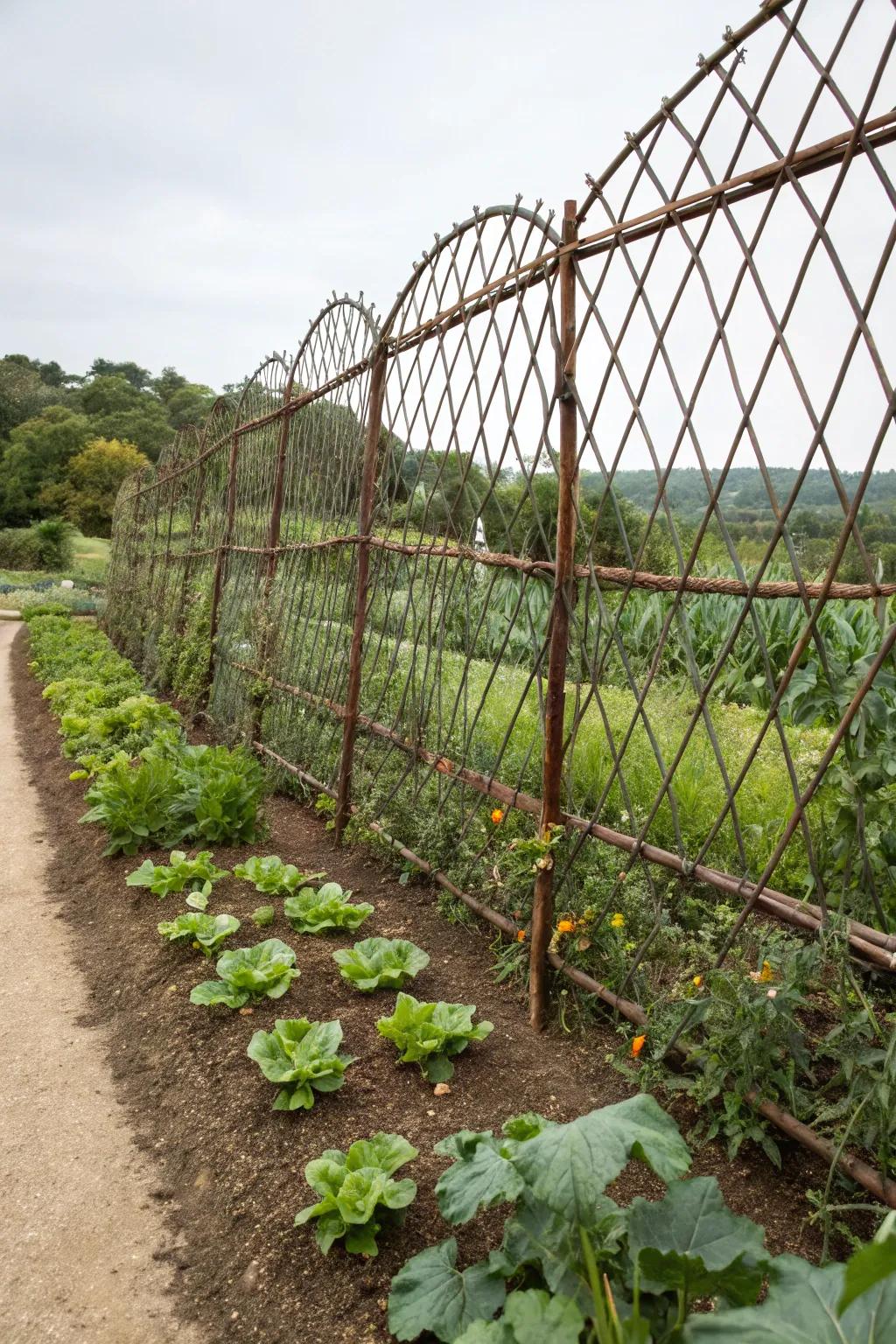 Combine art and function with a rebar fence that serves multiple purposes.