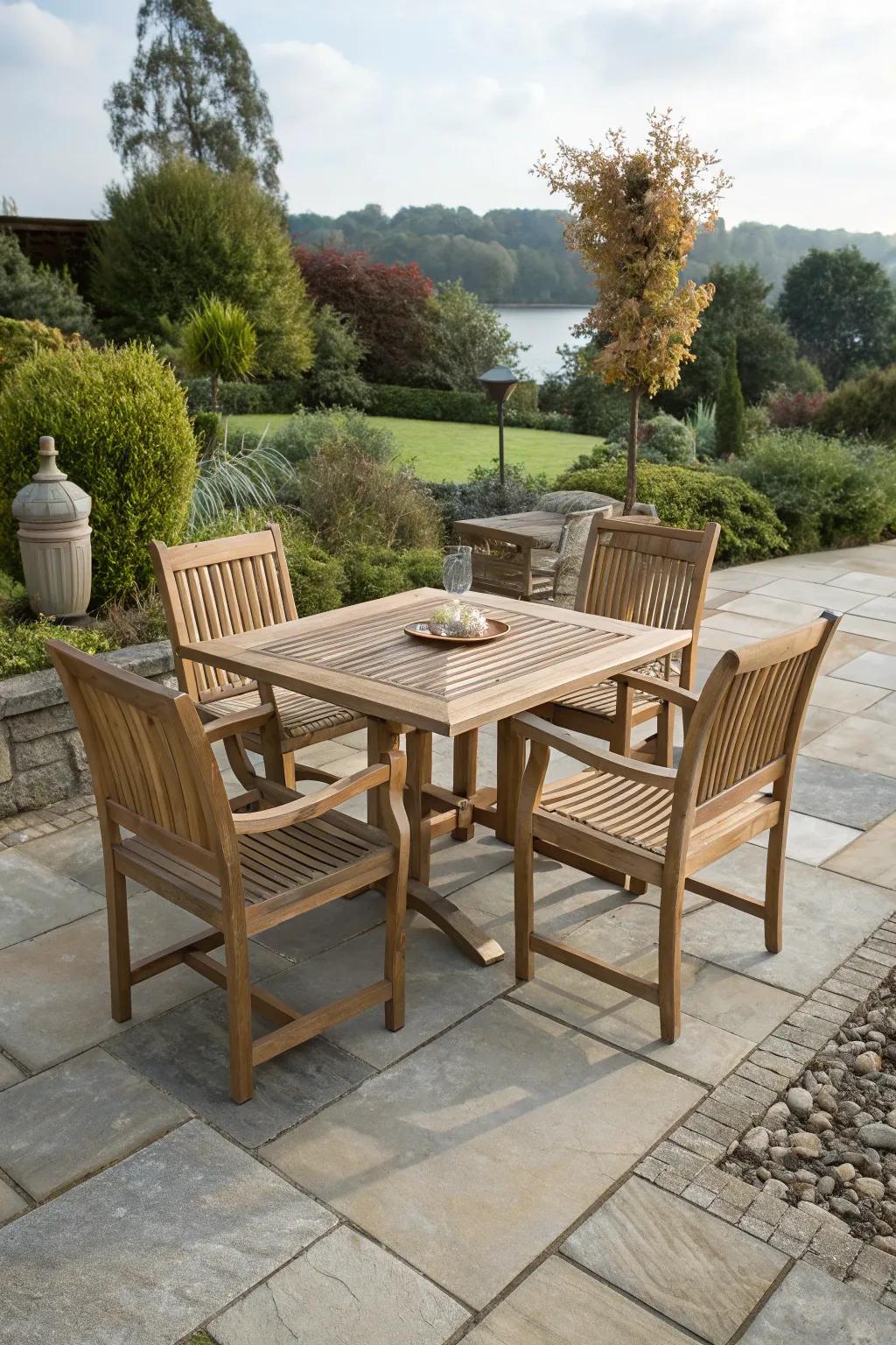A teak wood patio set offering both durability and style.