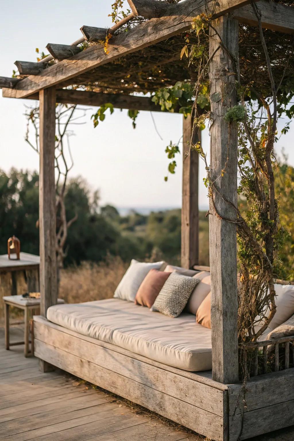 A cozy rustic daybed perfect for outdoor lounging.