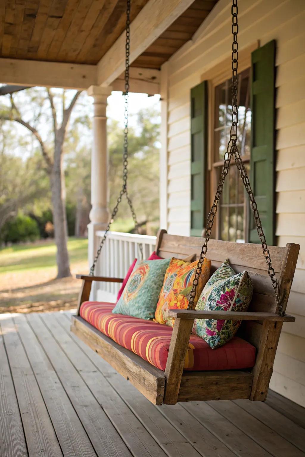 A charming wooden porch swing for ultimate relaxation.