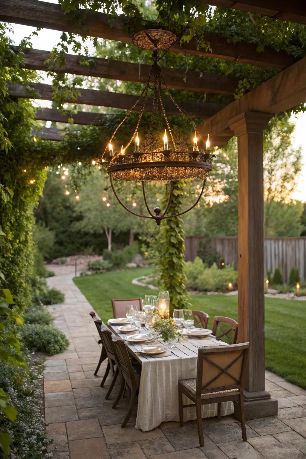 A rustic chandelier bringing elegance to outdoor spaces.