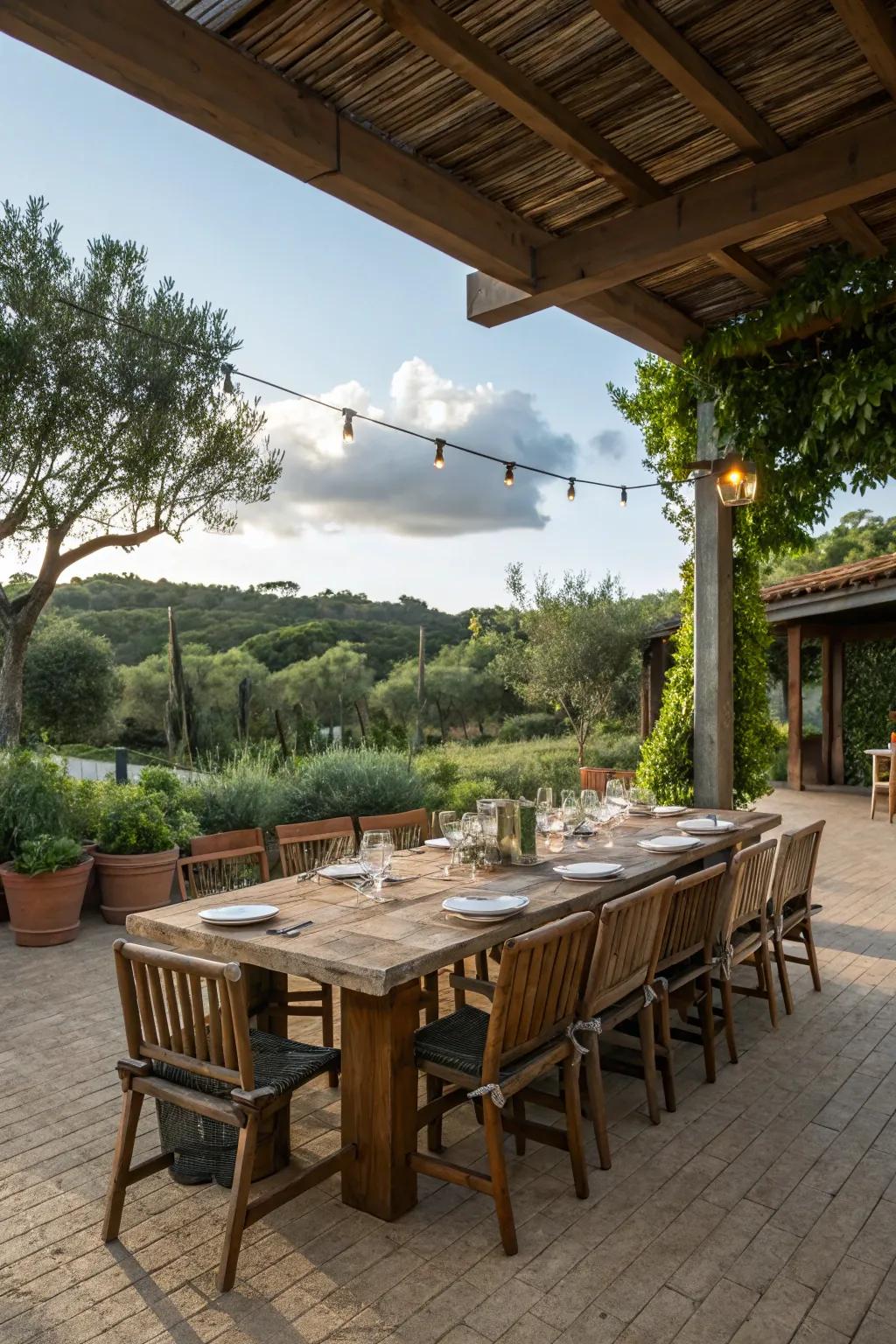 A rustic dining setup featuring a reclaimed wood table.