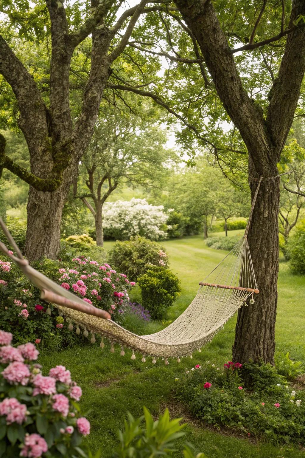 A woven hammock perfect for a garden retreat.