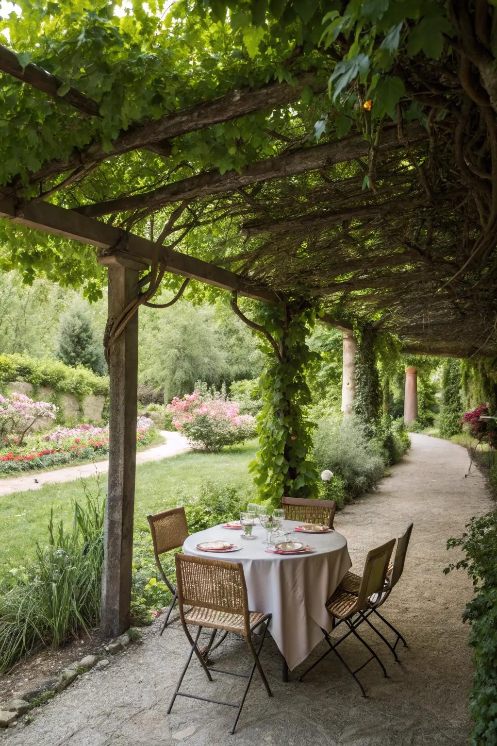 A rustic pergola with vines for an elegant outdoor space.