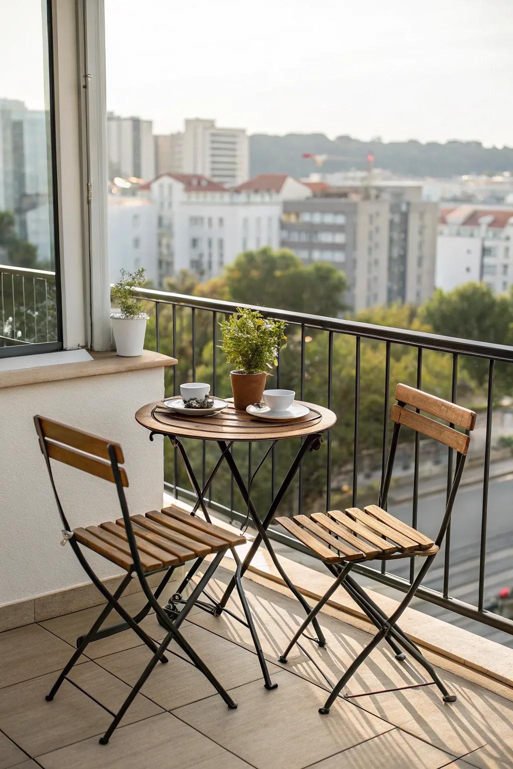 A quaint metal and wood bistro set ideal for small spaces.