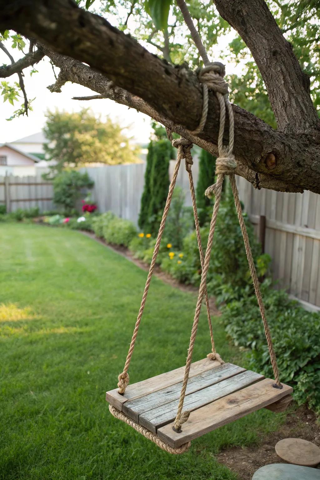 A playful rope and wood swing chair for outdoor enjoyment.