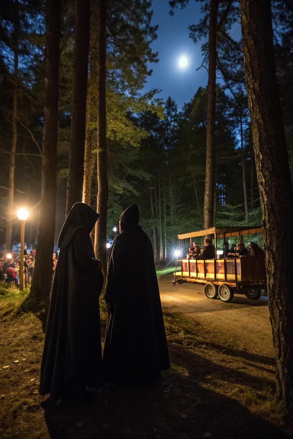 Mysterious figures create an eerie beginning to your haunted hayride.
