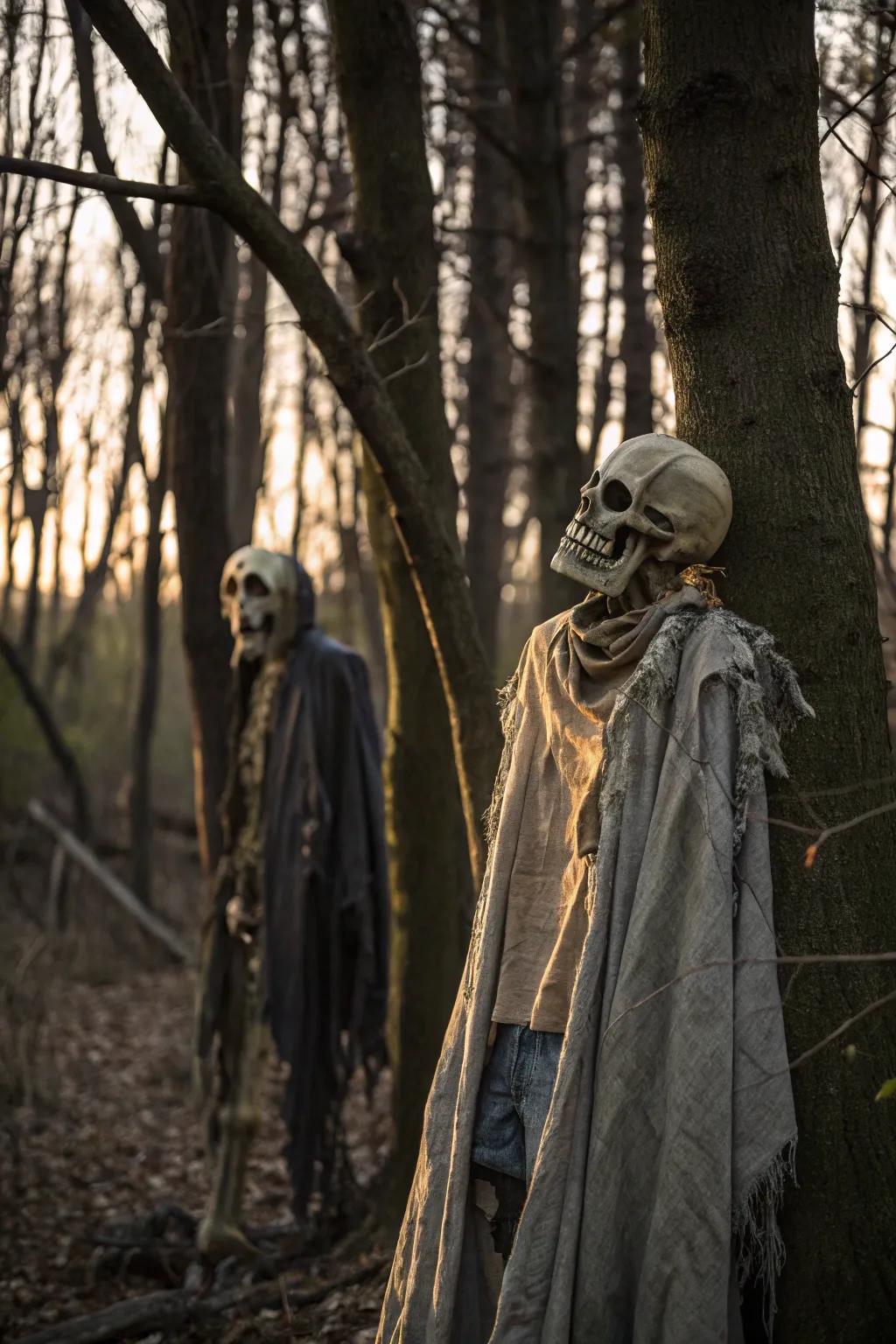 Skeletons add a chilling narrative element to your haunted hayride.