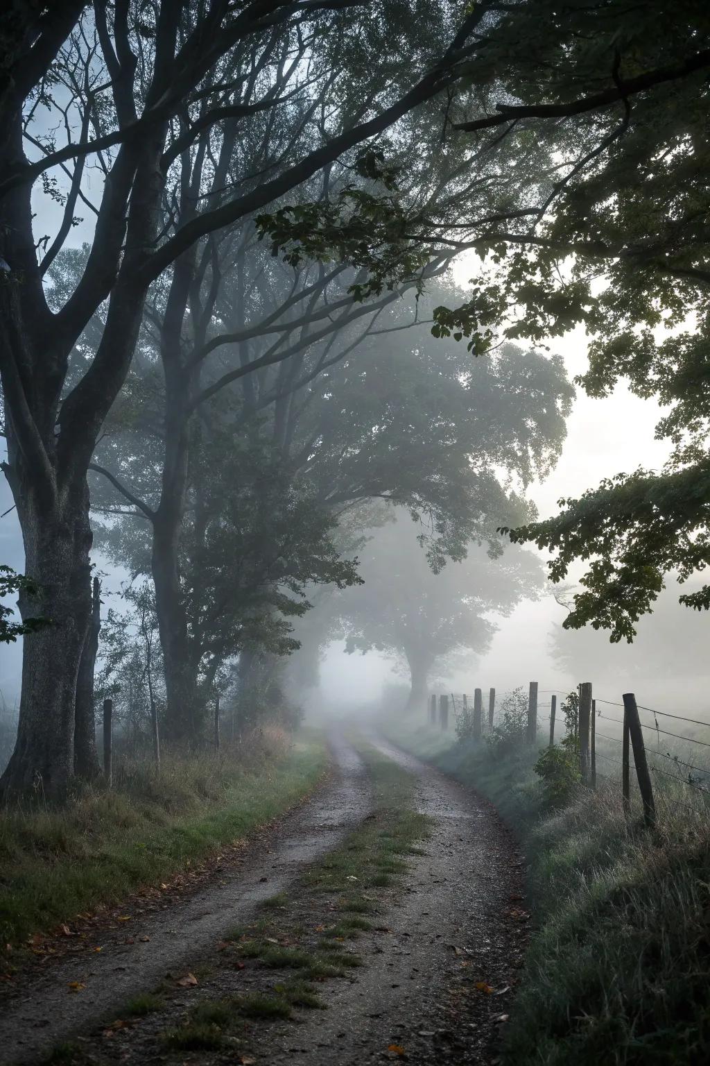 Fog envelops the scene, adding a layer of mystery.