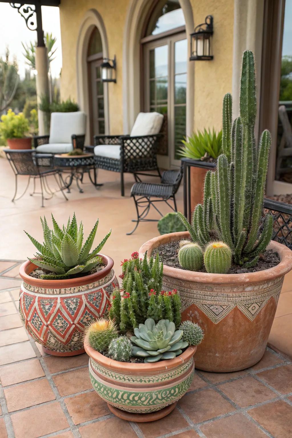 Potted cacti adding charm to a patio setting.