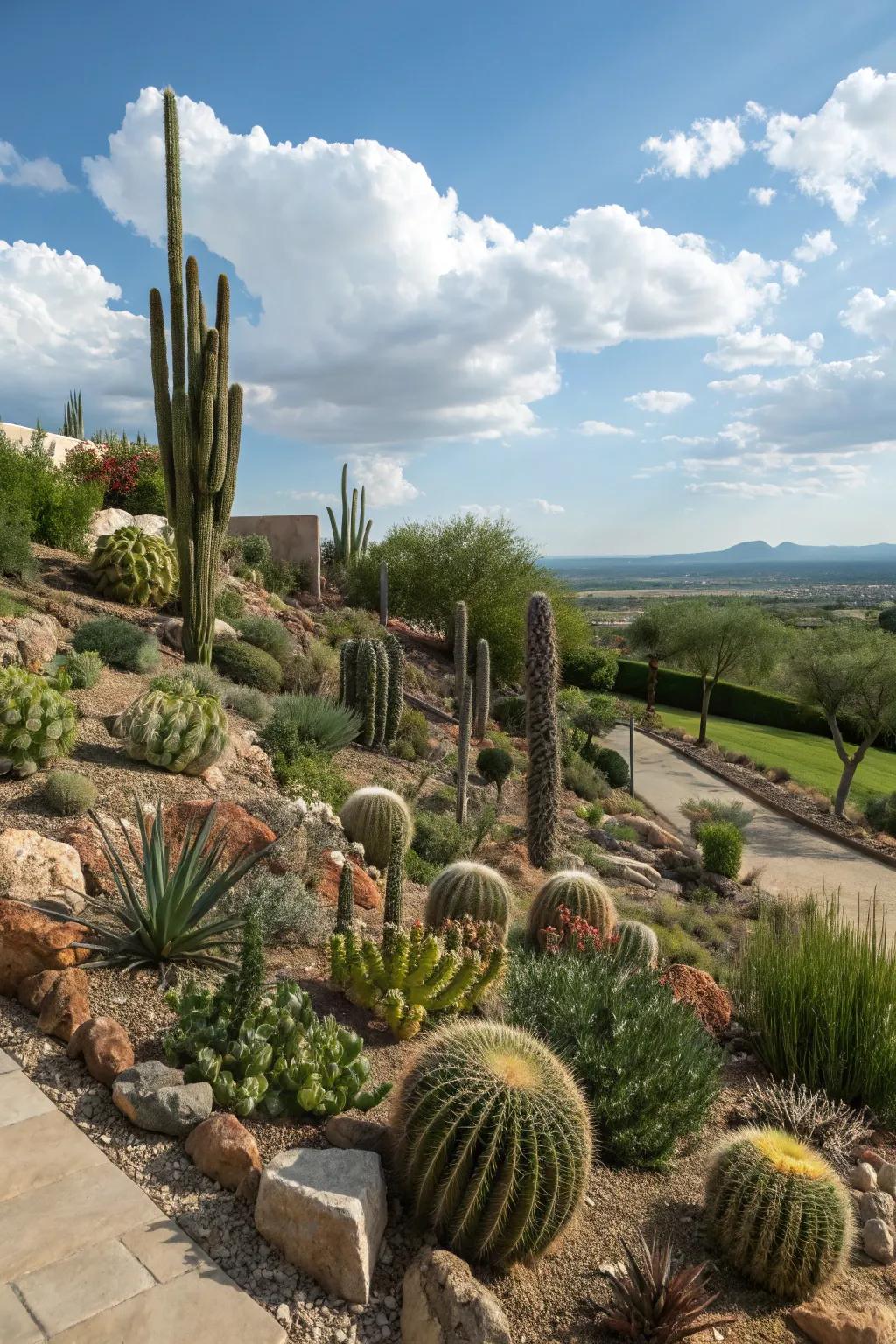 Cacti populating a garden hill for a dynamic outdoor landscape.