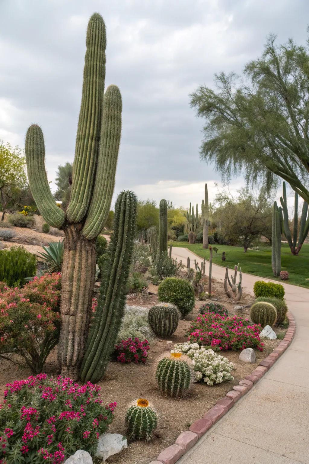 Cacti as sculptural focal points in a garden.