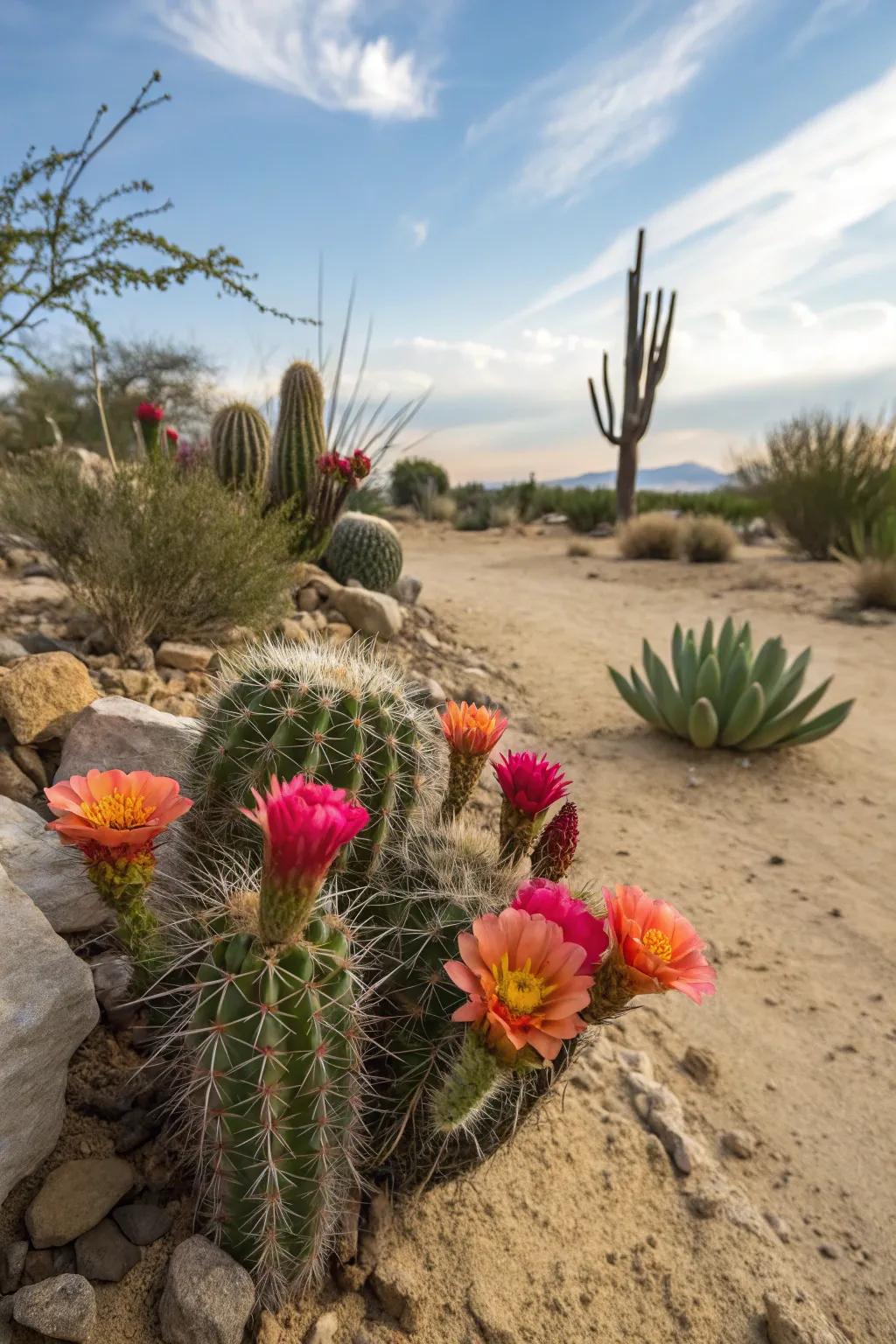 Cacti in full bloom adding vibrant color to the garden.