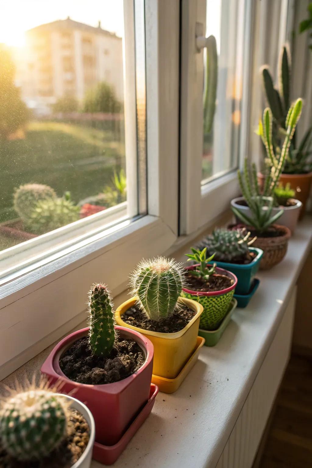 A charming mini cactus garden brightening up a windowsill.