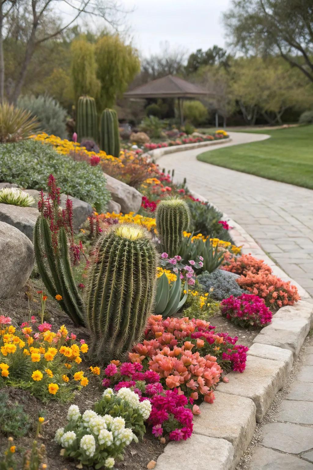 Cacti adding an unexpected twist to a flowerbed.
