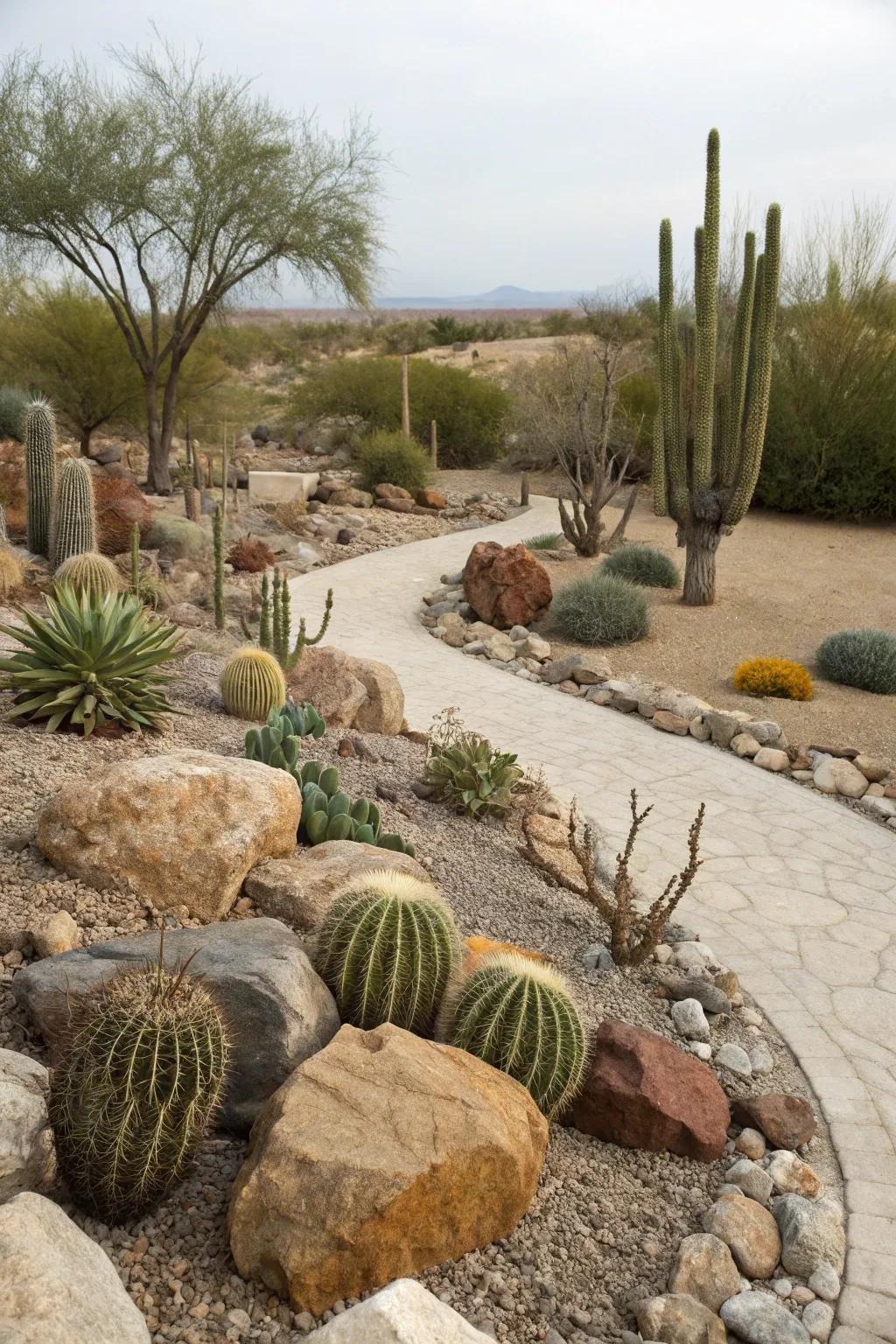 A harmonious blend of rocks and cacti for a natural look.