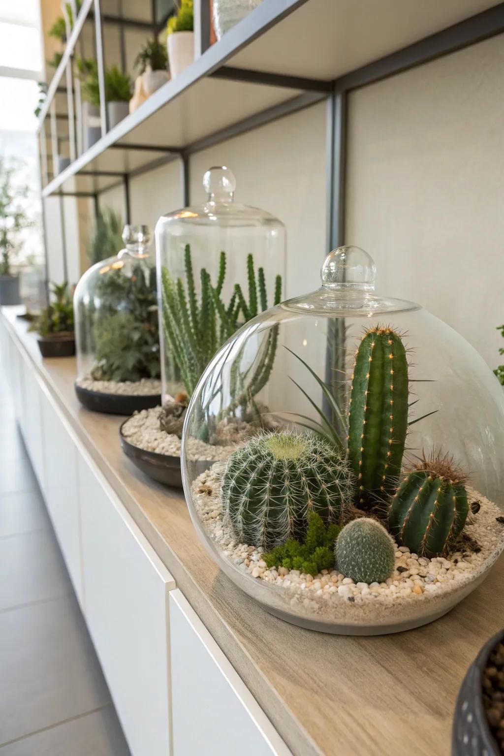 Cacti in glass terrariums for a modern indoor display.