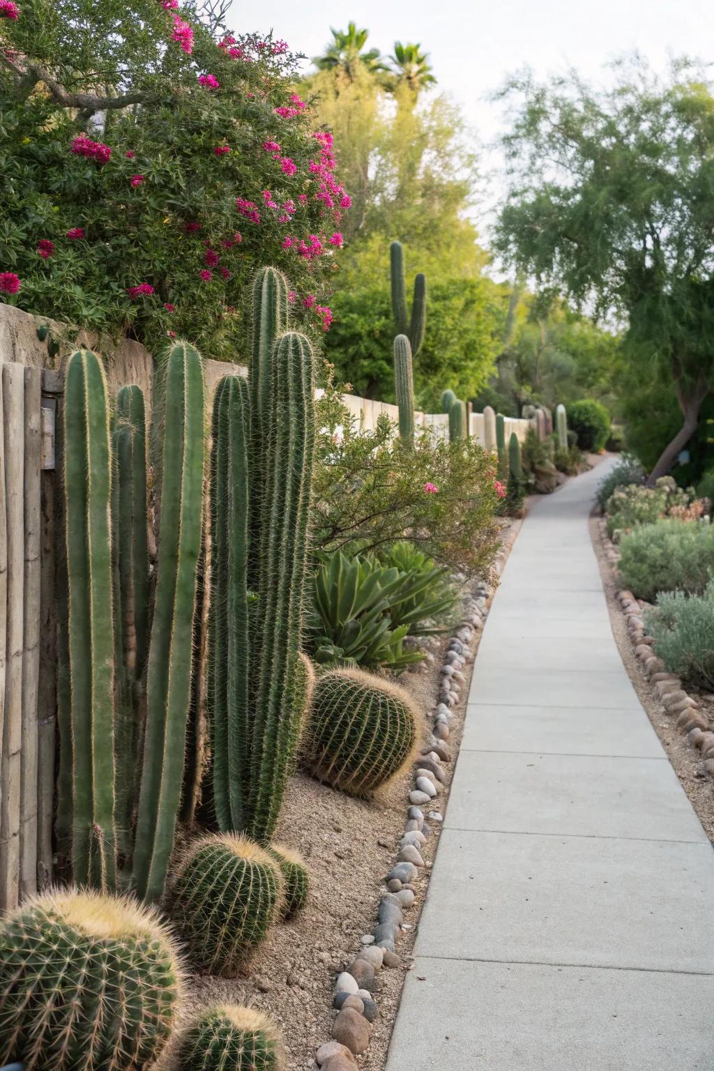 Cacti lining a pathway to form a natural privacy fence.