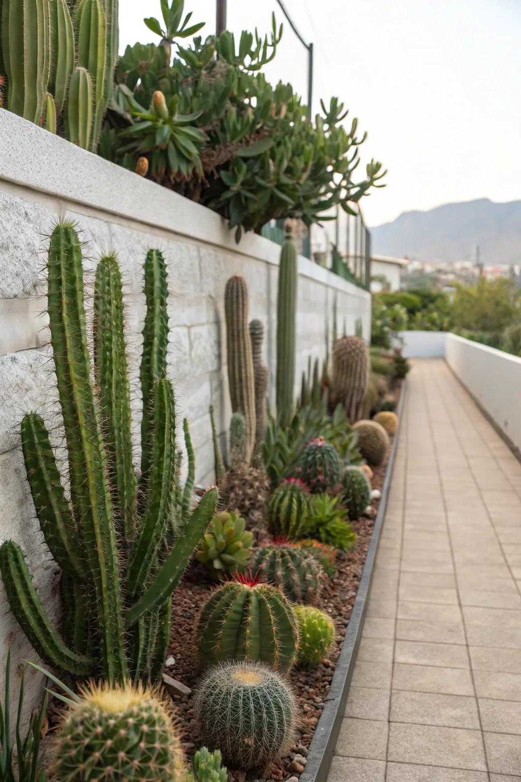 A vertical cactus wall maximizing greenery in limited space.