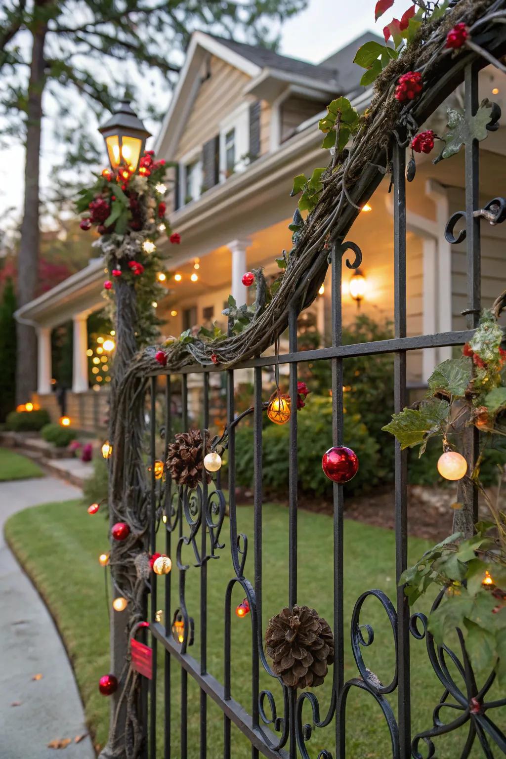 Wrought iron fencing adorned with festive seasonal accents.