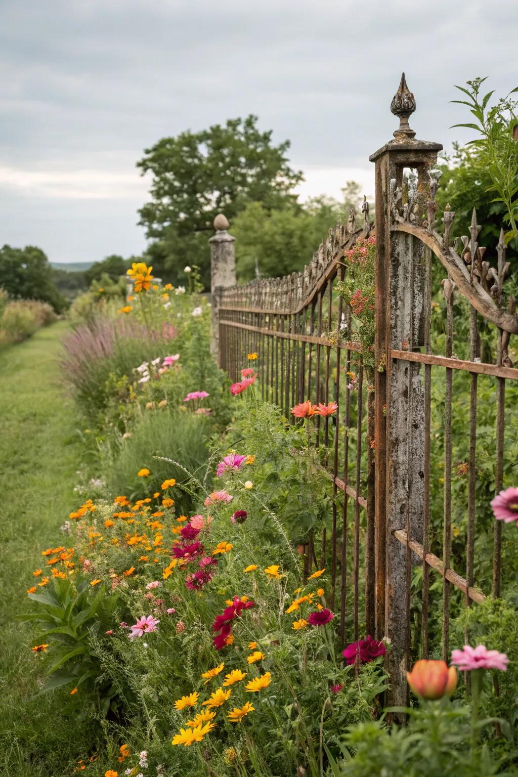 Rustic charm with an aged wrought iron fence.