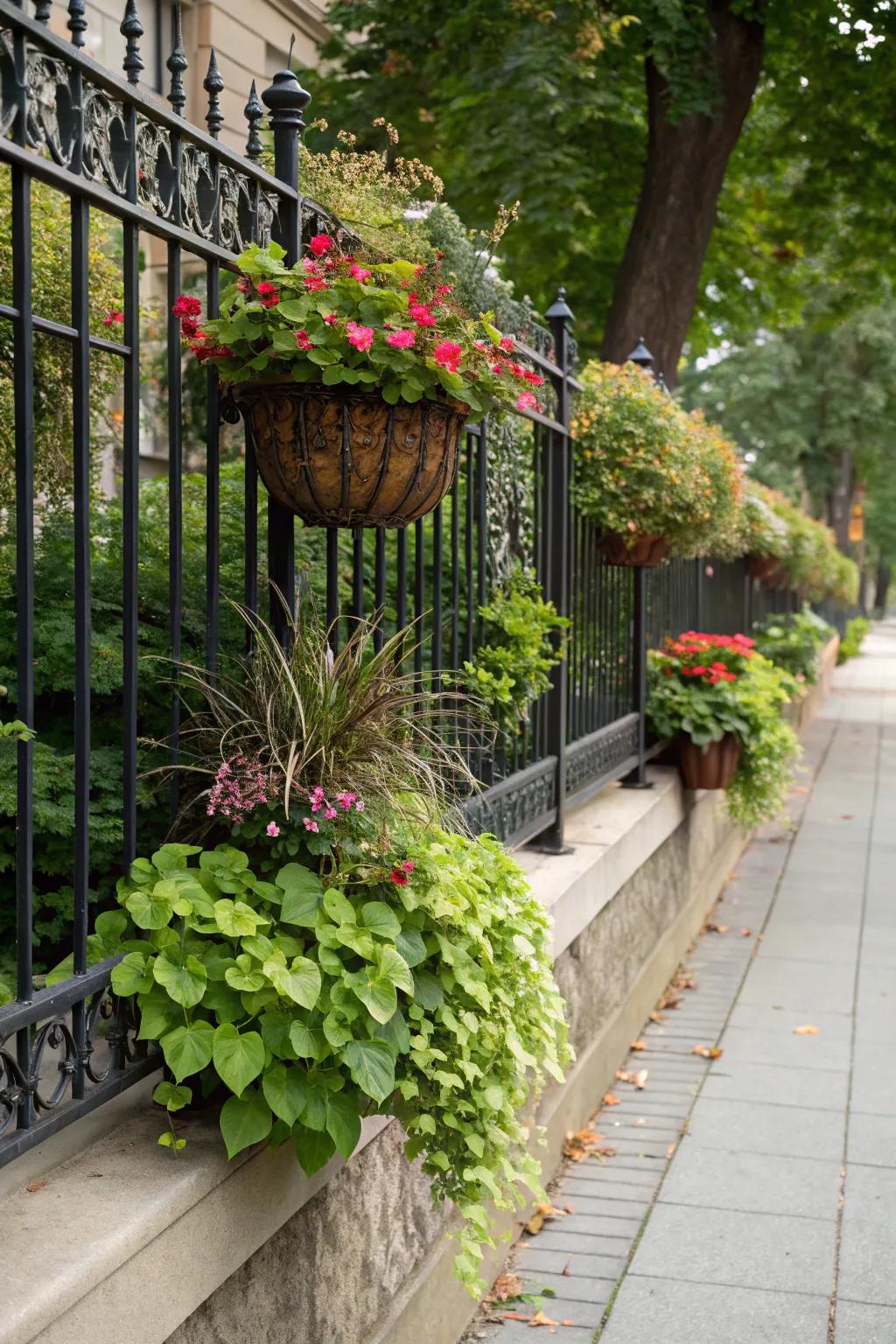 Mini gardens flourish along this wrought iron fence.