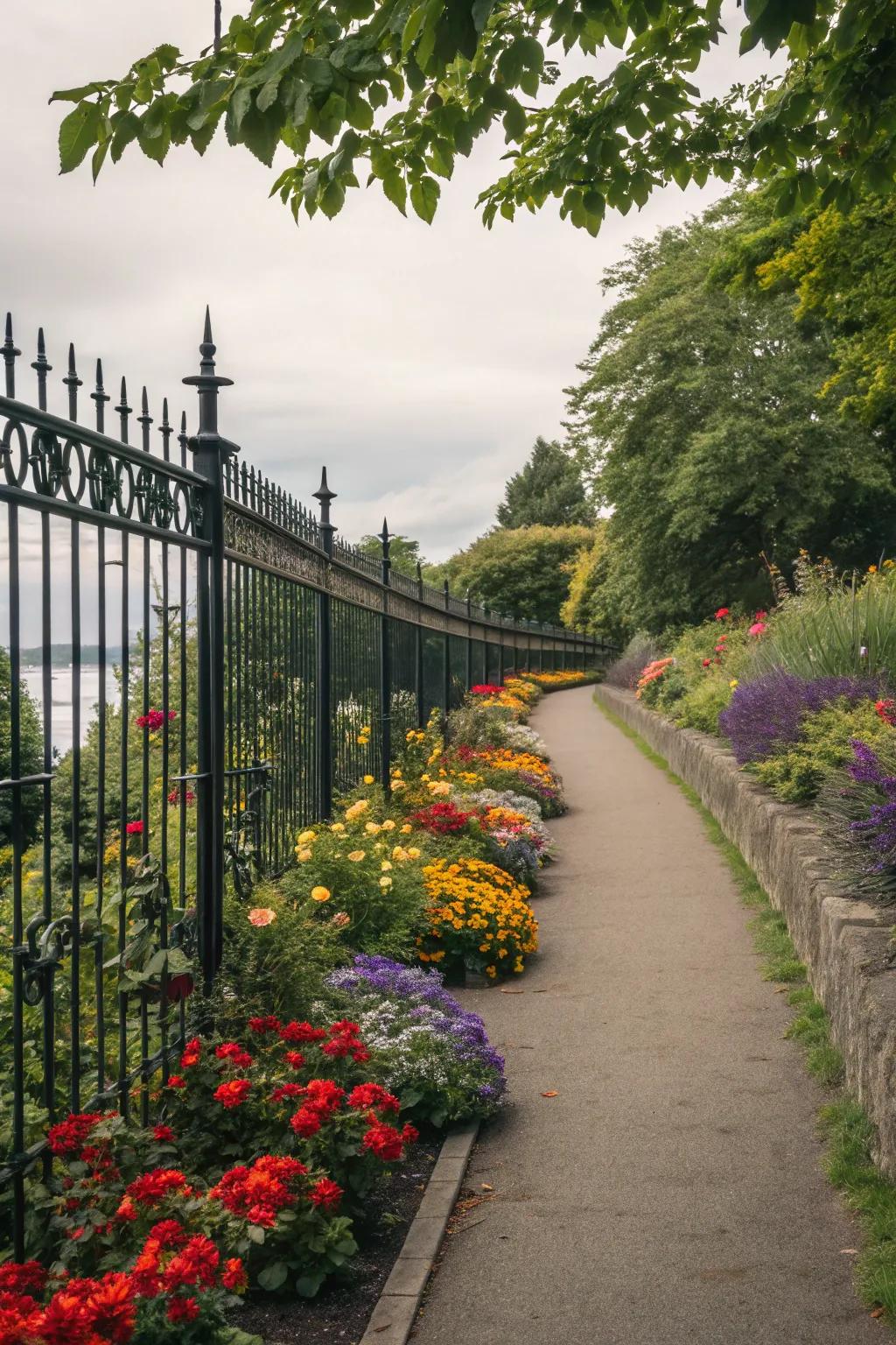 Wrought iron fencing elegantly defines a garden pathway.