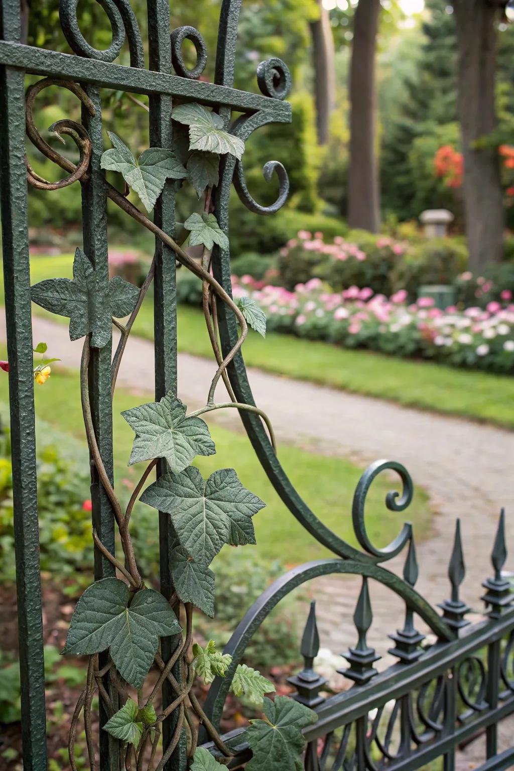 Nature-inspired motifs adorn this wrought iron fence.