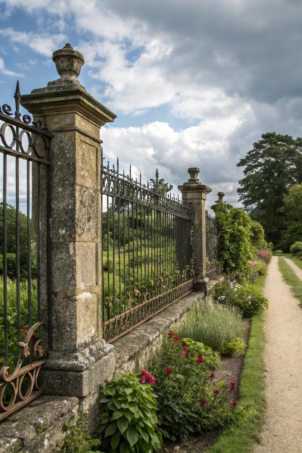 A stunning combination of wrought iron and stone pillars.