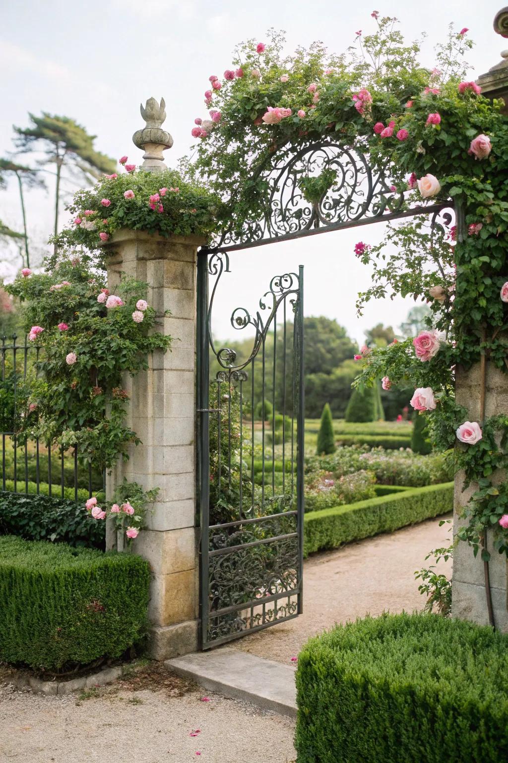 A grand garden entrance featuring an ornate wrought iron gate.
