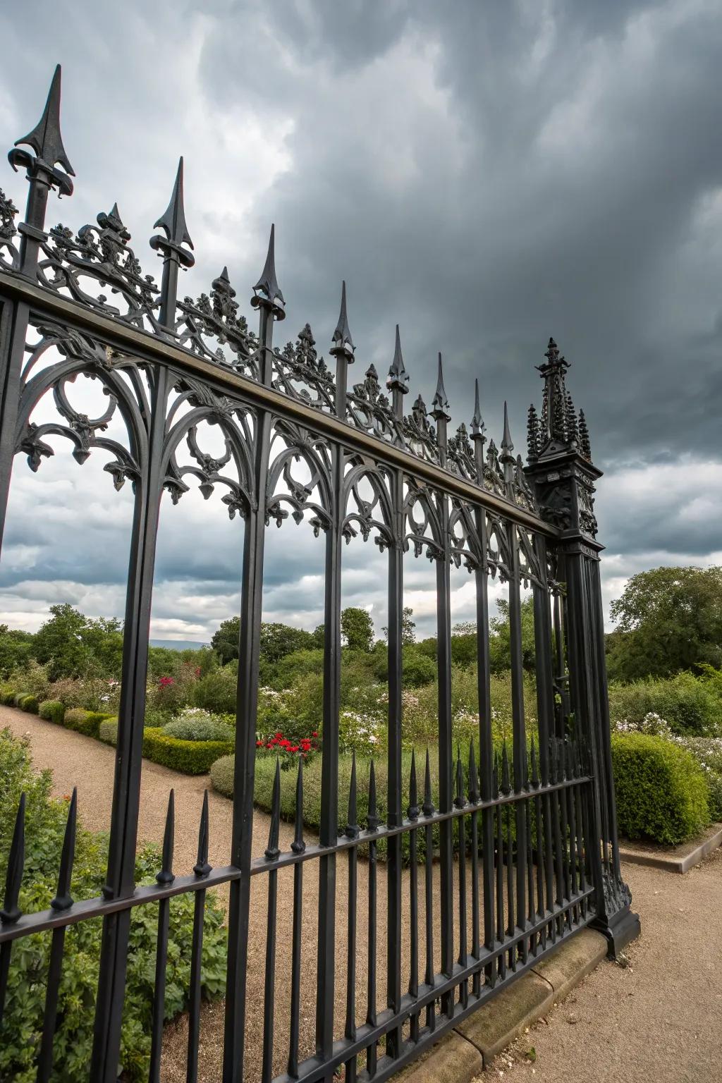 Gothic-inspired wrought iron fence with dramatic details.
