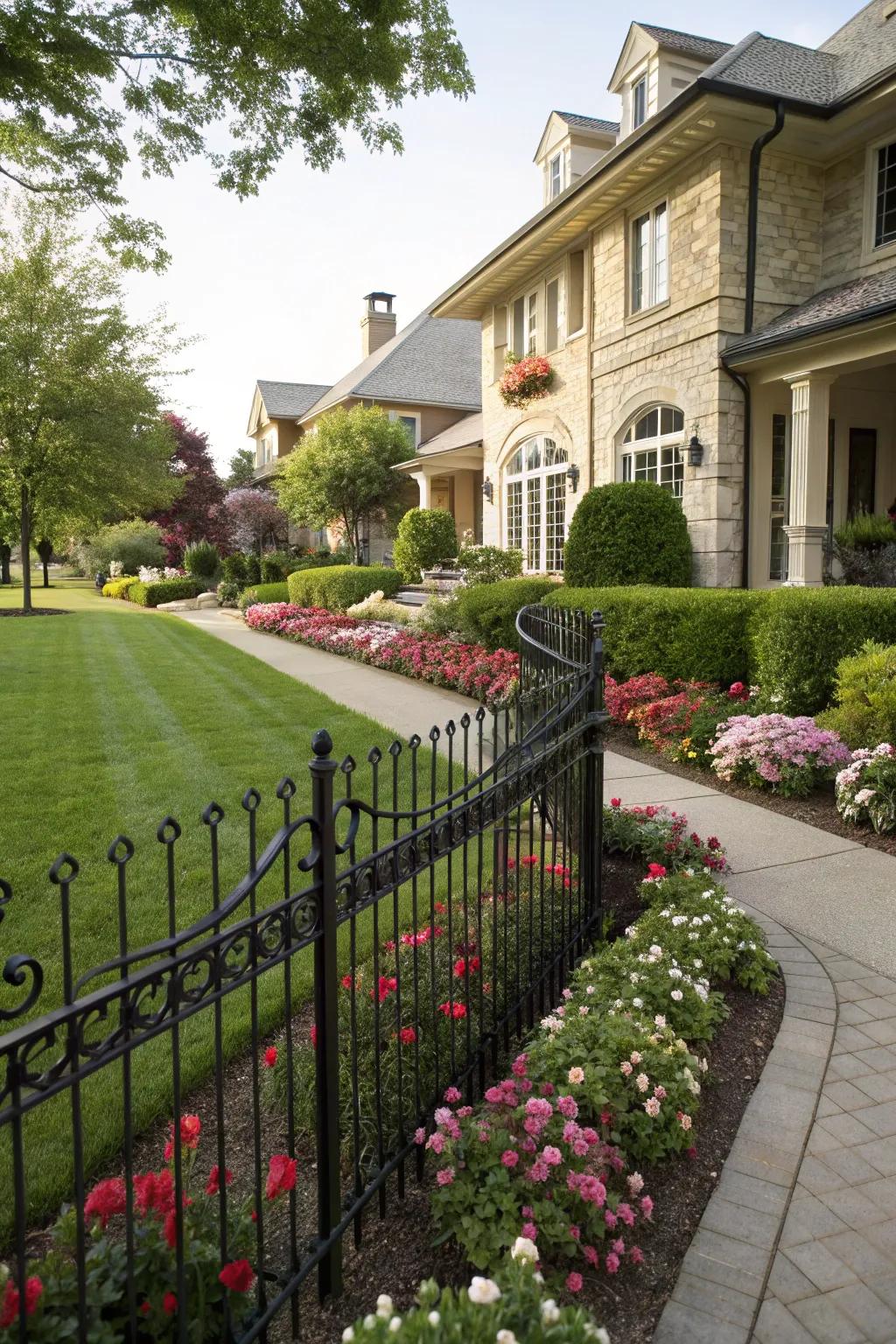 Wrought iron fencing adds sophistication to a front yard.