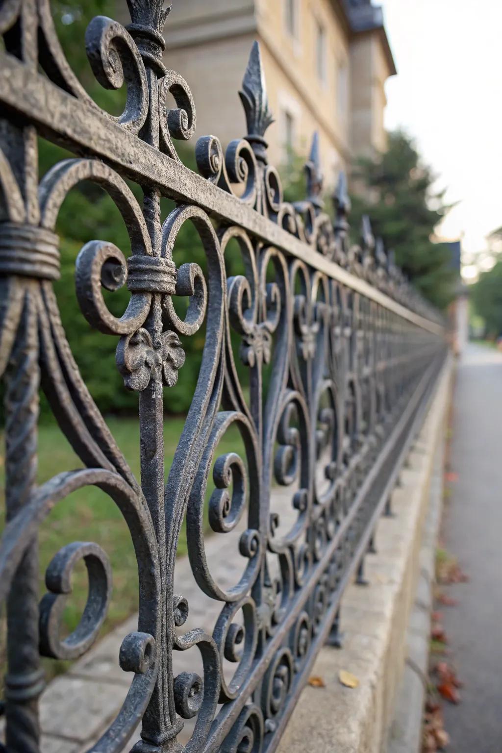 Intricate ornamental designs on a wrought iron fence.