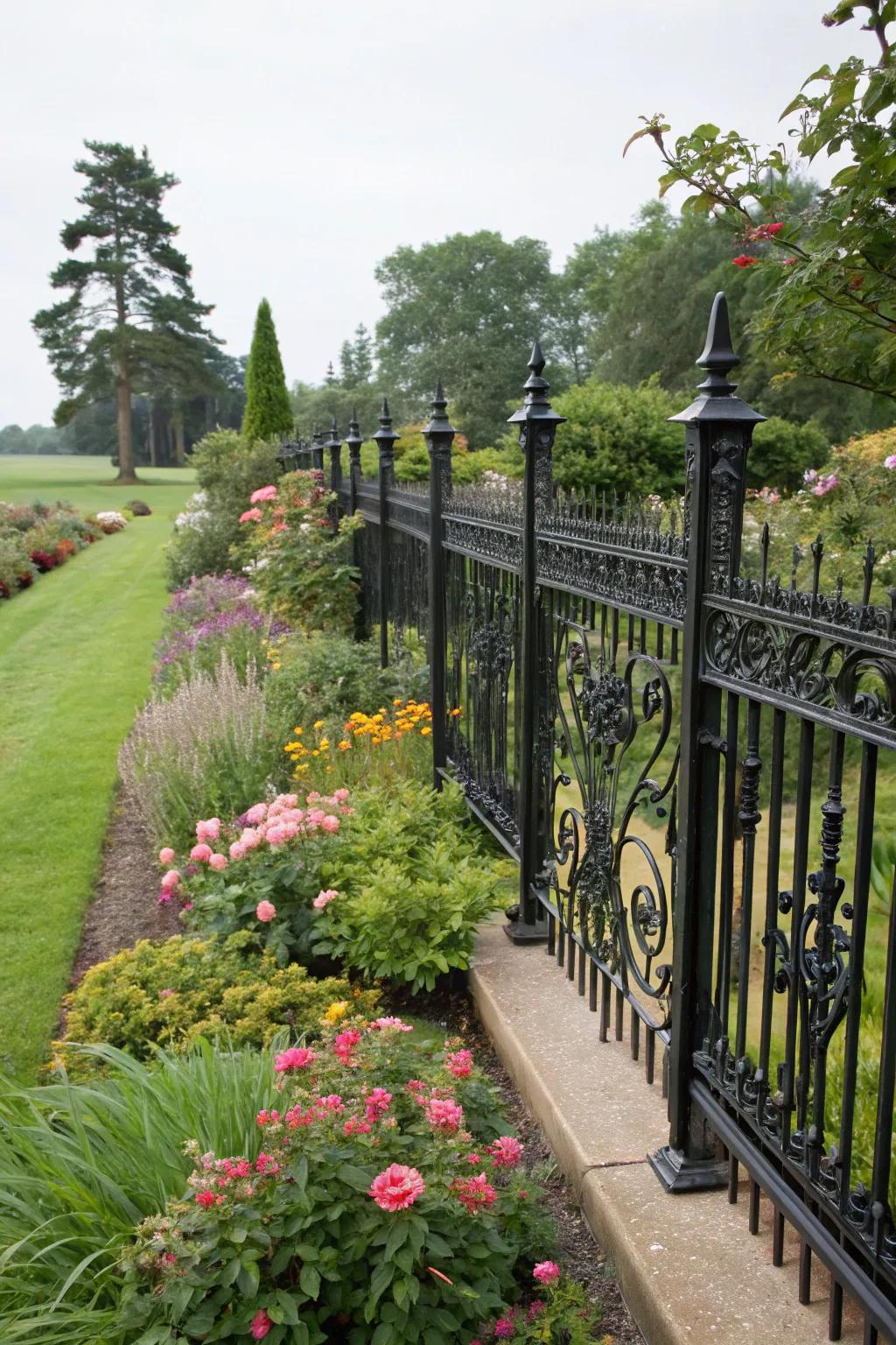 An eclectic blend of styles in wrought iron fencing.