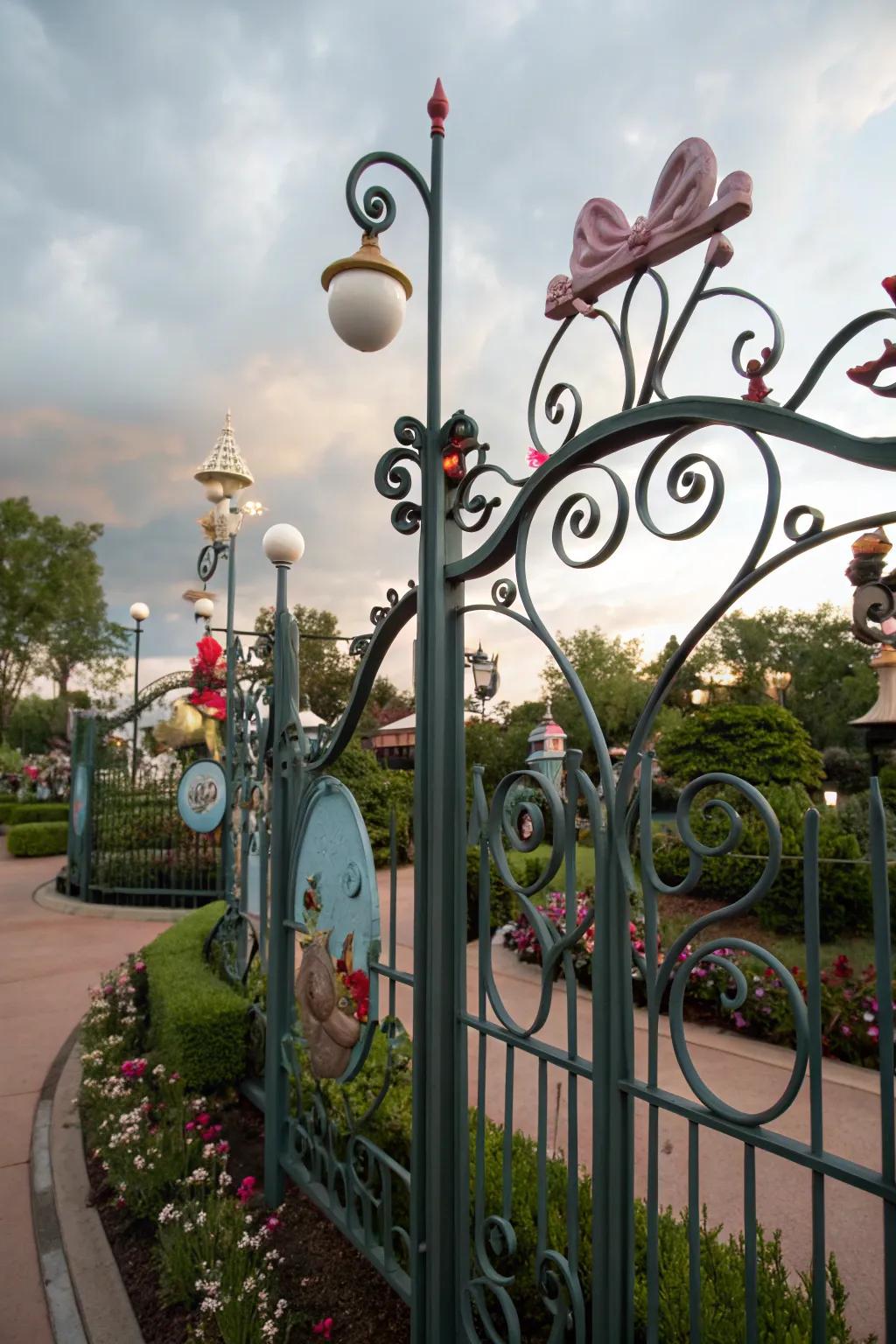 Whimsical decorations bring personality to wrought iron fencing.